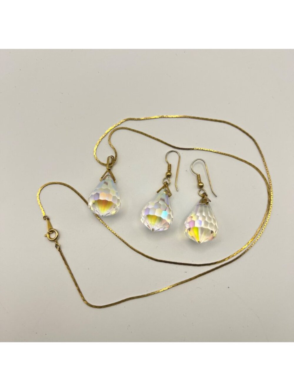 Vintage AB Crystal Teardrop Pendant Necklace Earrings Set Gold-Tone 24" Japan - Picture 2 of 11